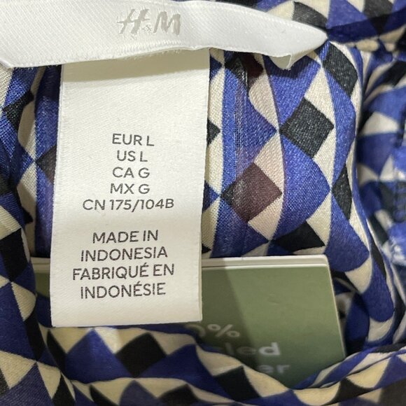 New H&M Geo Print Blouse Top Blue Black Size L Large Mock Neck - Picture 7 of 10